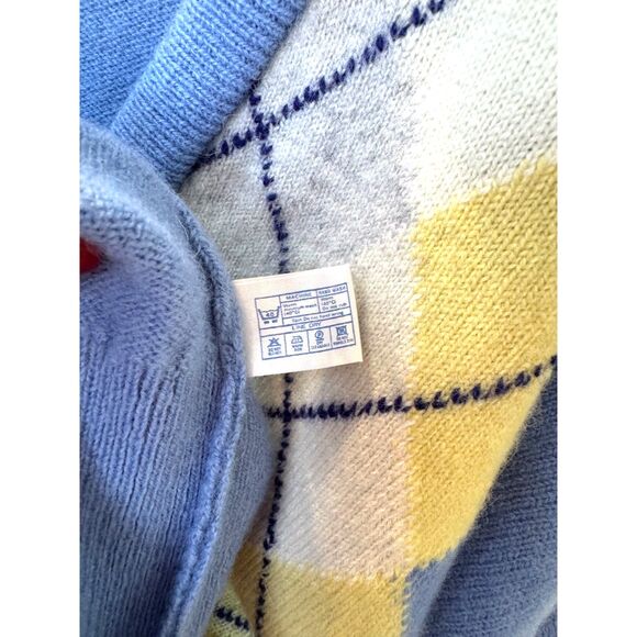 VTG Clan Royal Edinburgh Wool Blue Yellow Grey Argyle VNeck LS Sweater SZ EU 46 - Picture 6 of 7
